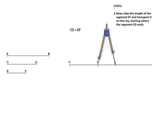 STEPS:
2.Now, take the length of the
segment EF and transport it
on the ray, starting where
the segment CD ends.
 