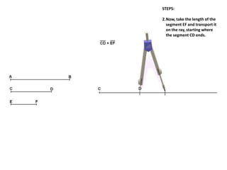 STEPS:
2.Now, take the length of the
segment EF and transport it
on the ray, starting where
the segment CD ends.
 