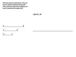 We have to do two operations. First, we
have to add the segments AB and CD.
Then, with the result of the addition, we
have to substract the segment EF
 