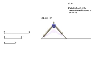 STEPS:
1.Take the length of the
segment AB and transport it
on the ray
 