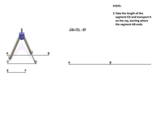 STEPS:
2.Take the length of the
segment CD and transport it
on the ray, starting where
the segment AB ends
 