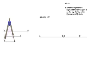 STEPS:
3.Take the length of the
segment EF and transport it
on the ray, starting where
the segment AB starts
 