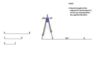 STEPS:
3.Take the length of the
segment EF and transport it
on the ray, starting where
the segment AB starts
 