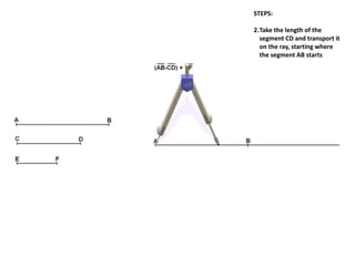 STEPS:
2.Take the length of the
segment CD and transport it
on the ray, starting where
the segment AB starts
 