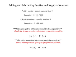 Adding and Subtracting Positive and Negative Numbers  Positive number – a number greater than 0          Example:  1 , 5 , 100 , 7500  Negative number – a number less than 0          Example: -1 , -7 , -55 , -800***Adding a negative is the same as subtracting a positive***El adición de una negativa es igual que restando un positivo5 + (–1)    ->    5 – 1 ***Subtracting a negative is the same as adding a positive***Restar una negativa es igual que agregando un positivo7 – (–8)    ->  7 + 8 