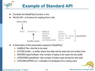 2.14 Silberschatz, Galvin and Gagne ©2009Operating System Concepts – 8th Edition
Example of Standard API
 Consider the ReadFile() function in the
 Win32 API—a function for reading from a file
 A description of the parameters passed to ReadFile()
 HANDLE file—the file to be read
 LPVOID buffer—a buffer where the data will be read into and written from
 DWORD bytesToRead—the number of bytes to be read into the buffer
 LPDWORD bytesRead—the number of bytes read during the last read
 LPOVERLAPPED ovl—indicates if overlapped I/O is being used
 