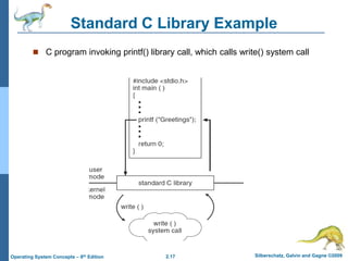 2.17 Silberschatz, Galvin and Gagne ©2009Operating System Concepts – 8th Edition
Standard C Library Example
 C program invoking printf() library call, which calls write() system call
 