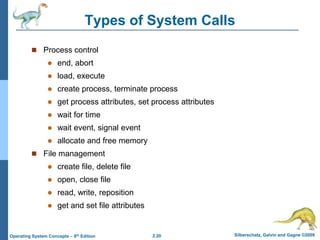 2.20 Silberschatz, Galvin and Gagne ©2009Operating System Concepts – 8th Edition
Types of System Calls
 Process control
 end, abort
 load, execute
 create process, terminate process
 get process attributes, set process attributes
 wait for time
 wait event, signal event
 allocate and free memory
 File management
 create file, delete file
 open, close file
 read, write, reposition
 get and set file attributes
 