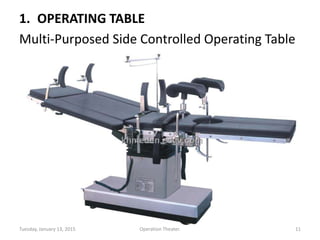 1. OPERATING TABLE
Multi-Purposed Side Controlled Operating Table
Tuesday, January 13, 2015 11Operation Theater.
 