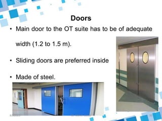 Doors
• Main door to the OT suite has to be of adequate
width (1.2 to 1.5 m).
• Sliding doors are preferred inside
• Made of steel.
8/5/2023 35
Mr. Melvin Jacob
 