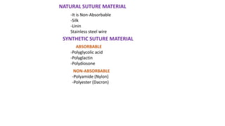 NATURAL SUTURE MATERIAL
-It is Non-Absorbable
-Silk
-Linin
Stainless steel wire
SYNTHETIC SUTURE MATERIAL
ABSORBABLE
-Polyglycolic acid
-Polyglactin
-Polydiosone
NON-ABSORBABLE
-Polyamide (Nylon)
-Polyester (Dacron)
 