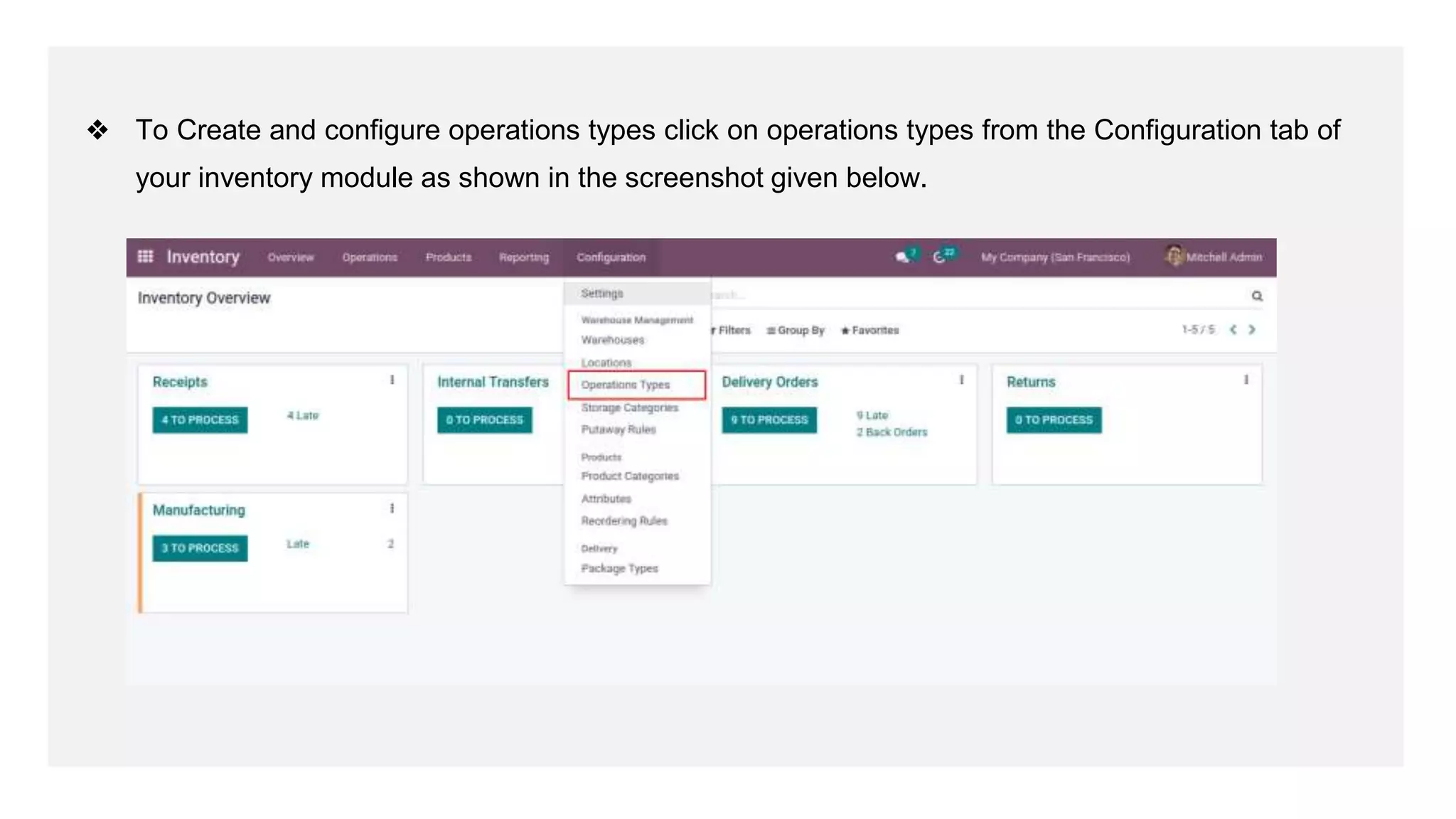 ❖ To Create and configure operations types click on operations types from the Configuration tab of
your inventory module as shown in the screenshot given below.
 