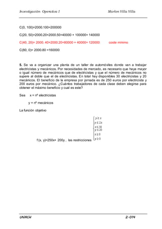 Investigación Operativa I Marlon Villa Villa
UNACH 2.014
C(0, 100)=2000.100=200000
C(20, 50)=2000.20+2000.50=40000 + 100000= 140000
C(40, 20)= 2000. 40+2000.20=80000 + 40000= 120000 coste mínimo
C(80, 0)= 2000.80 =160000
5. Se va a organizar una planta de un taller de automóviles donde van a trabajar
electricistas y mecánicos. Por necesidades de mercado, es necesario que haya mayor
o igual número de mecánicos que de electricistas y que el número de mecánicos no
supere al doble que el de electricistas. En total hay disponibles 30 electricistas y 20
mecánicos. El beneficio de la empresa por jornada es de 250 euros por electricista y
200 euros por mecánico. ¿Cuántos trabajadores de cada clase deben elegirse para
obtener el máximo beneficio y cual es este?
Sea x = nº electricistas
y = nº mecánicos
La función objetivo
f (x, y)=250x+ 200y , las restricciones
 