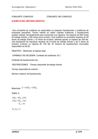 Investigación Operativa I Marlon Villa Villa
UNACH 2.014
CONJUNTO CONVEXO CONJUNTO NO CONVEXO
EJEMPLO DEL MÉTODO GRÁFICO
Una compañía de auditores se especializa en preparar liquidaciones y auditorías de
empresas pequeñas. Tienen interés en saber cuántas auditorías y liquidaciones
pueden realizar mensualmente para maximizar sus ingresos. Se dispone de 800 horas
de trabajo directo y 320 horas para revisión. Una auditoría en promedio requiere de 40
horas de trabajo directo y 10 horas de revisión, además aporta un ingreso de 300 dls.
Una liquidación de impuesto requiere de 8 horas de trabajo directo y de 5 horas de
revisión, produce un ingreso de 100 dls. El máximo de liquidaciones mensuales
disponibles es de 60.
OBJETIVO : Maximizar el ingreso total.
VARIABLE DE DECISION: Cantidad de auditorías (X1).
Cantidad de liquidaciones (X2).
RESTRICCIONES : Tiempo disponible de trabajo directo
Tiempo disponible de revisión
Número máximo de liquidaciones.
Maximizar
Sujeto a:
 
