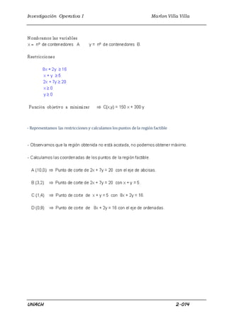 Investigación Operativa I Marlon Villa Villa
UNACH 2.014
- Representamos las restricciones y calculamos los puntos de la región factible
 