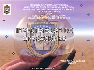 REPÚBLICA BOLIVARIANA DE VENEZUELA MINISTERIO DEL PODER POPULAR PARA LA DEFENSA UNIVERSIDAD NACIONAL EXPERIMENTAL POLITÉCNICA  DE LA FUERZA  ARMADA UNEFA NUCLEO ARAGUA - SEDE MARACAY  DECANATO DE INVESTIGACIÓN Y POSTGRADO  FACILITADOR : M Sc ISABEL LINARES  CAGUA, SEPTIEMBRE 2011 . 