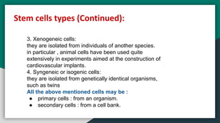 3. Xenogeneic cells:
they are isolated from individuals of another species.
in particular , animal cells have been used quite
extensively in experiments aimed at the construction of
cardiovascular implants.
4. Syngeneic or isogenic cells:
they are isolated from genetically identical organisms,
such as twins
All the above mentioned cells may be :
● primary cells : from an organism.
● secondary cells : from a cell bank.
Stem cells types (Continued):
 