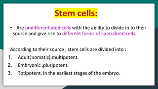 • Are undifferentiated cells with the ability to divide in to their
source and give rise to different forms of specialized cells.
According to their source , stem cells are divided into :
1. Adult( somatic),multipotent.
2. Embryonic ,pluripotent.
3. Totipotent, in the earliest stages of the embryo.
Stem cells:
 