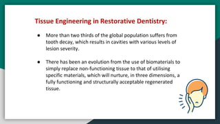 Tissue Engineering in Restorative Dentistry:
● More than two thirds of the global population suffers from
tooth decay, which results in cavities with various levels of
lesion severity.
● There has been an evolution from the use of biomaterials to
simply replace non-functioning tissue to that of utilising
specific materials, which will nurture, in three dimensions, a
fully functioning and structurally acceptable regenerated
tissue.
 