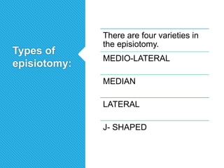 Types of
episiotomy:
There are four varieties in
the episiotomy.
MEDIO-LATERAL
MEDIAN
LATERAL
J- SHAPED
 
