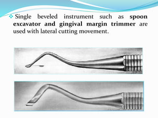  Single beveled instrument such as spoon
excavator and gingival margin trimmer are
used with lateral cutting movement.
 