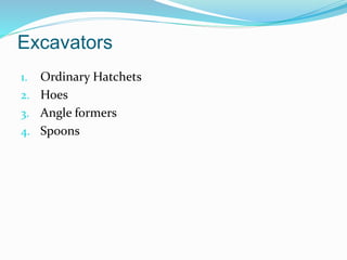Excavators
1. Ordinary Hatchets
2. Hoes
3. Angle formers
4. Spoons
 