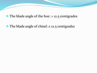  The blade angle of the hoe: > 12.5 centigrades
 The blade angle of chisel: ≤ 12.5 centigrades
 
