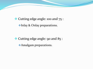  Cutting edge angle: 100 and 75 :
Inlay & Onlay preparations.
 Cutting edge angle: 90 and 85 :
Amalgam preparations.
 