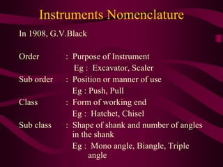 Instruments Nomenclature
In 1908, G.V.Black
Order : Purpose of Instrument
Eg : Excavator, Scaler
Sub order : Position or manner of use
Eg : Push, Pull
Class : Form of working end
Eg : Hatchet, Chisel
Sub class : Shape of shank and number of angles
in the shank
Eg : Mono angle, Biangle, Triple
angle
 
