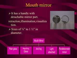 Mouth mirror
 It has a handle with
detachable mirror part.
retraction,illumination,visualiza
tion.
 Sizes of ¾” to 1 ½” in
diameter.
Plain glass Magnifying
Glass
Anti fog Light
attatched
Parallelometer
mirror
Mouth Mirror
 