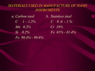 MATERIALS USED IN MANUFACTURE OF HAND
INSTRUMENTS
a. Carbon steel b. Stainless steel
C 1 – 1.2% C 0 .6 - 1 %
Mn 0.2% Cr 18%
Si 0.2% Fe 81% - 81.4%
Fe 98.4% - 98.6%
 