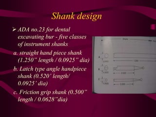 Shank design
 ADA no.23 for dental
excavating bur - five classes
of instrument shanks
a. straight hand piece shank
(1.250” length / 0.0925” dia)
b. Latch type angle handpiece
shank (0.520’ length/
0.0925’ dia)
c. Friction grip shank (0.500”
length / 0.0628”dia)
 