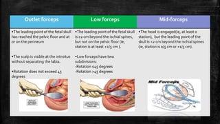Outlet forceps Low forceps Mid-forceps
•The leading point of the fetal skull
has reached the pelvic floor and at
or on the perineum
•The scalp is visible at the introitus
without separating the labia.
•Rotation does not exceed 45
degrees
•The leading point of the fetal skull
is ≥2 cm beyond the ischial spines,
but not on the pelvic floor (ie,
station is at least +2/5 cm ).
•Low forceps have two
subdivisions:
-Rotation ≤45 degrees
-Rotation >45 degrees
•The head is engaged(ie, at least 0
station), but the leading point of the
skull is <2 cm beyond the ischial spines
(ie, station is 0/5 cm or +1/5 cm).
 