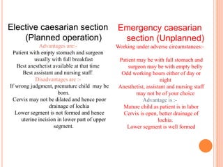 Elective caesarian section
(Planned operation)
Advantages are:-
Patient with empty stomach and surgeon
usually with full breakfast
Best anesthetist available at that time
Best assistant and nursing staff.
Disadvantages are :-
If wrong judgment, premature child may be
born.
Cervix may not be dilated and hence poor
drainage of lochia
Lower segment is not formed and hence
uterine incision in lower part of upper
segment.
Emergency caesarian
section (Unplanned)
Working under adverse circumstances:-
Patient may be with full stomach and
surgeon may be with empty belly
Odd working hours either of day or
night
Anesthetist, assistant and nursing staff
may not be of your choice
Advantage is :-
Mature child as patient is in labor
Cervix is open, better drainage of
lochia.
Lower segment is well formed
 