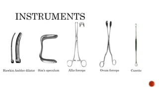 Hawkin Ambler dilator Sim’s speculum Allis forceps CuretteOvum forceps
 