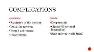 immediate
Extension of the incision
Vulval hematoma
Wound dehiscence
Incontinence
remote
Dyspareunia
Chance of perineal
lacerations
Scar endometriosis (rare)
 