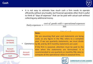 Cash

Inventory
(or Stock)
Account
Receivables
Cash

Account
Payables

Note:
We are assuming that year end statements are being
used, so any figure in the P&L refers to a complete
year. If we use quarterly statements, we must divide
by 90, and by 30 if monthly statements are used.
If the firm is seasonal, attention must be paid to the
date when the statements are formulated. It is
recommended to use quarterly or monthly P&L data to
compute all the operational ratios in seasonal firms.

 