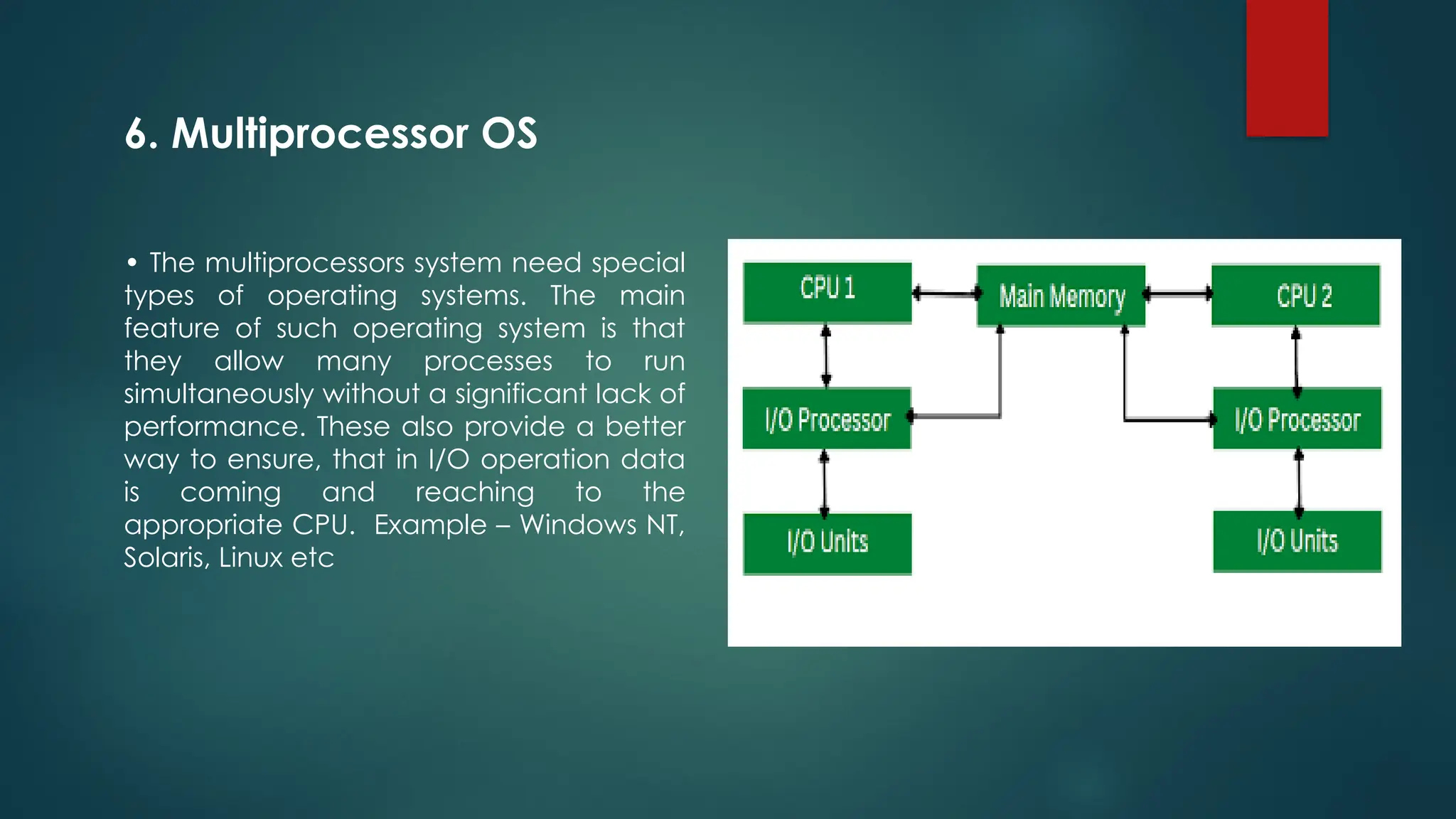 • The multiprocessors system need special
types of operating systems. The main
feature of such operating system is that
they allow many processes to run
simultaneously without a significant lack of
performance. These also provide a better
way to ensure, that in I/O operation data
is coming and reaching to the
appropriate CPU. Example – Windows NT,
Solaris, Linux etc
6. Multiprocessor OS
 