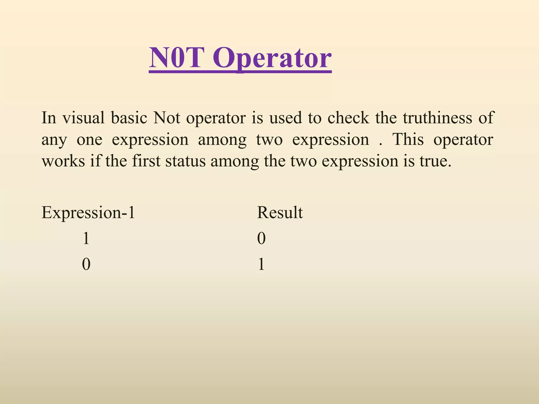 N0T Operator
In visual basic Not operator is used to check the truthiness of
any one expression among two expression . This operator
works if the first status among the two expression is true.
Expression-1 Result
1 0
0 1
 
