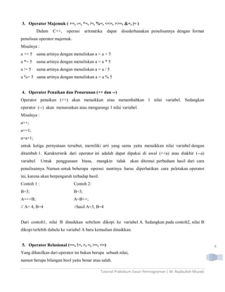 3. Operator Majemuk ( +=, -=, *=, /=, %=, <<=, >>=, &=, |= )
            Dalam     C++,   operasi    aritmatika   dapat     disederhanakan penulisannya dengan format
penulisan operator majemuk.
Misalnya :
a += 5 sama artinya dengan menuliskan a = a + 5
a *= 5      sama artinya dengan menuliskan a = a * 5
a /= 5      sama artinya dengan menuliskan a = a / 5
a %= 5 sama artinya dengan menuliskan a = a % 5


4. Operator Penaikan dan Penurunan (++ dan --)
Operator penaikan (++) akan menaikkan atau menambahkan 1 nilai variabel. Sedangkan
operator (--) akan menurunkan atau mengurangi 1 nilai variabel.
Misalnya :
a++;
a+=1;
a=a+1;
untuk ketiga pernyataan tersebut, memiliki arti yang sama yaitu menaikkan nilai variabel dengan
ditambah 1. Karakteristik dari operator ini adalah dapat dipakai di awal (++a) atau diakhir (--a)
variabel.     Untuk    penggunaan      biasa,   mungkin      tidak   akan ditemui perbedaan hasil dari cara
penulisannya. Namun untuk beberapa operasi nantinya harus diperhatikan cara peletakan operator
ini, karena akan berpengaruh terhadap hasil.
Contoh 1 :                      Contoh 2:
B=3;                            B=3;
A=++B;                          A=B++;
// A= 4, B=4                     //hasil A=3, B=4


Dari contoh1, nilai B dinaikkan sebelum dikopi ke variabel A. Sedangkan pada contoh2, nilai B
dikopi terlebih dahulu ke variabel A baru kemudian dinaikkan.


5. Operator Relasional (==, !=, >, <, >=, <=)                                                                  4
Yang dihasilkan dari operator ini bukan berupa sebuah nilai,
namun berupa bilangan bool yaitu benar atau salah.

                                                 Tutorial Praktikum Dasar Pemrograman | M. Najibulloh Muzaki
 