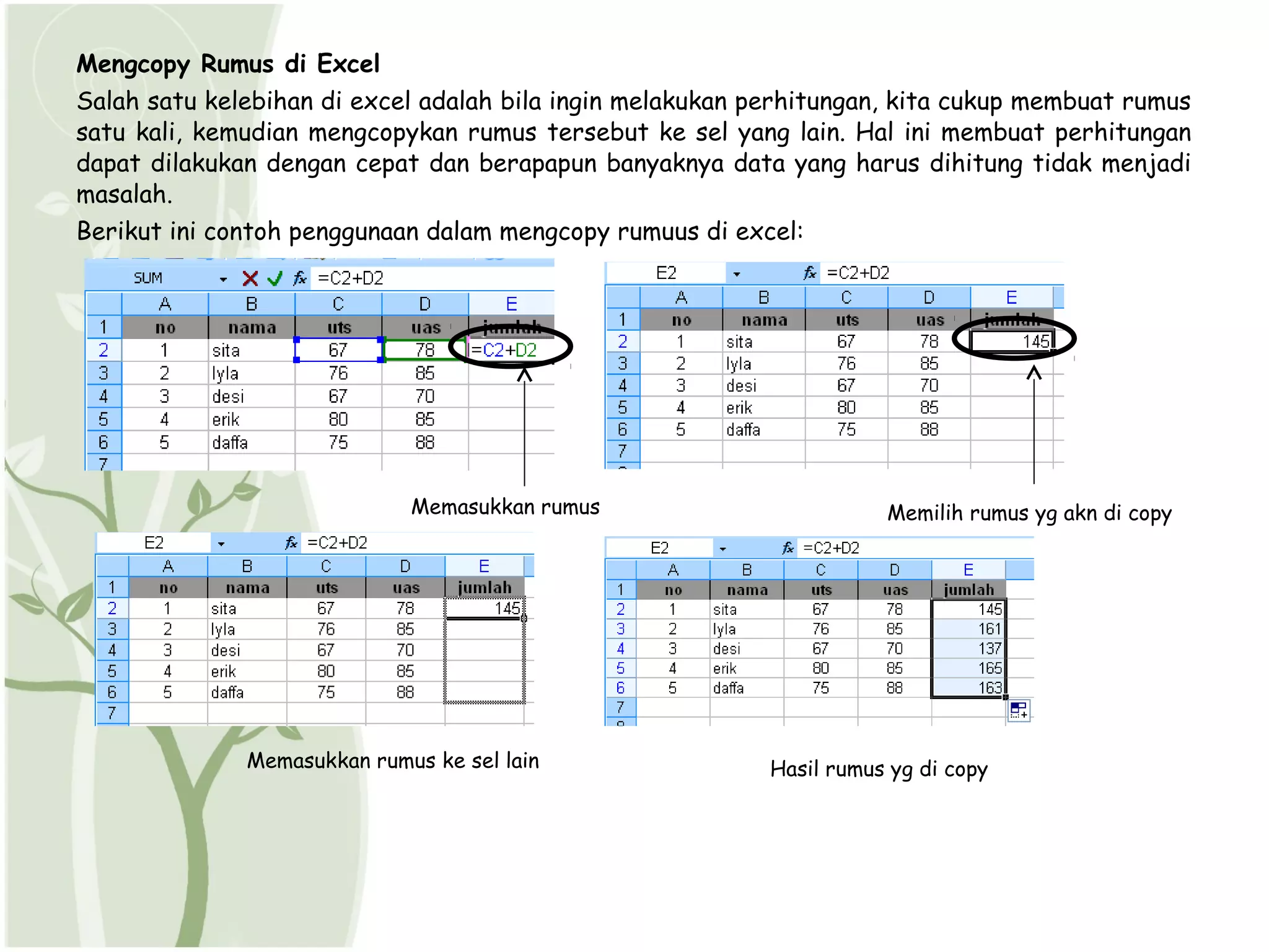 Mengcopy Rumus di Excel
Salah satu kelebihan di excel adalah bila ingin melakukan perhitungan, kita cukup membuat rumus
satu kali, kemudian mengcopykan rumus tersebut ke sel yang lain. Hal ini membuat perhitungan
dapat dilakukan dengan cepat dan berapapun banyaknya data yang harus dihitung tidak menjadi
masalah.
Berikut ini contoh penggunaan dalam mengcopy rumuus di excel:




                             Memasukkan rumus                         Memilih rumus yg akn di copy




              Memasukkan rumus ke sel lain                 Hasil rumus yg di copy
 