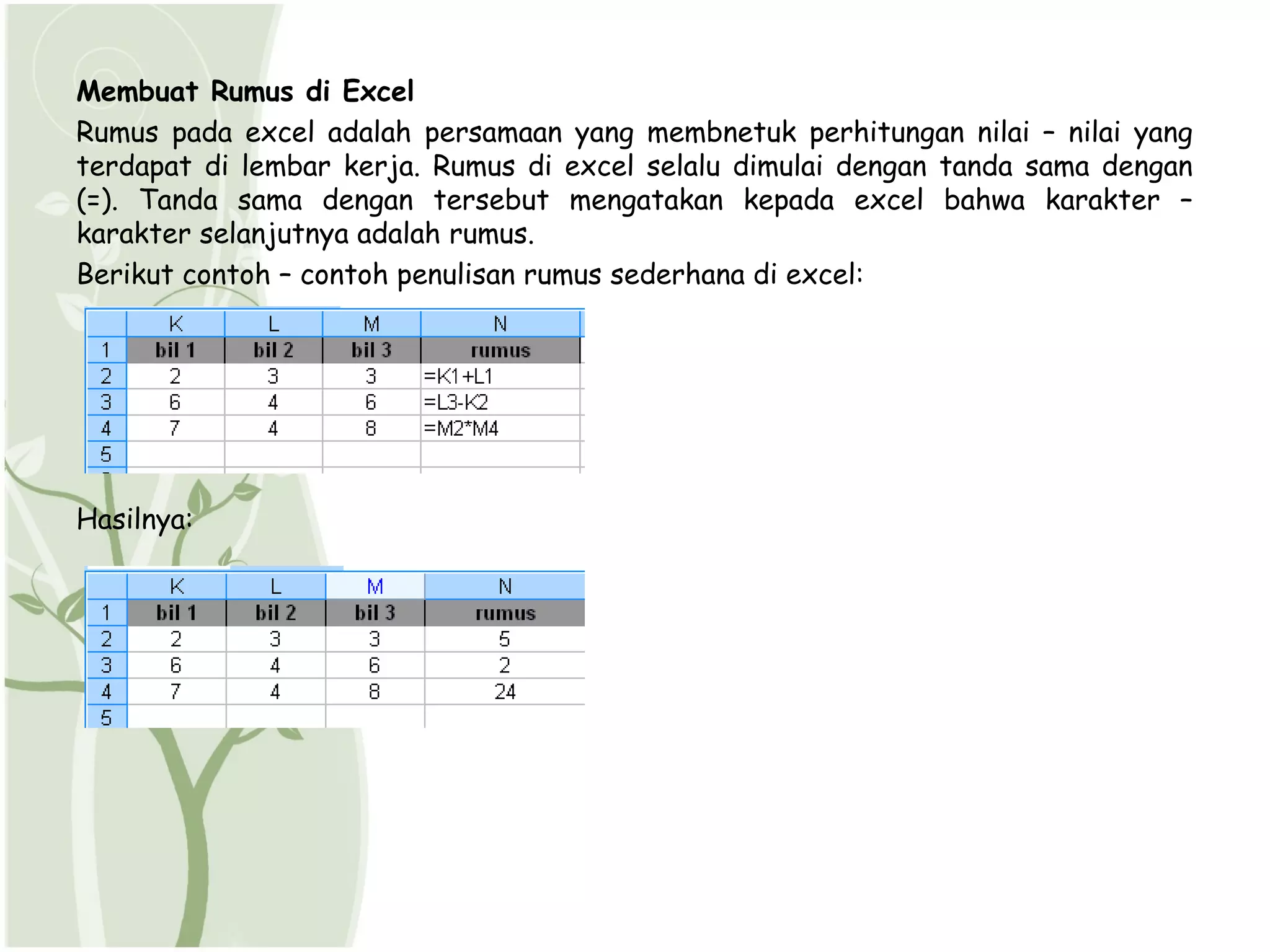 Membuat Rumus di Excel
Rumus pada excel adalah persamaan yang membnetuk perhitungan nilai – nilai yang
terdapat di lembar kerja. Rumus di excel selalu dimulai dengan tanda sama dengan
(=). Tanda sama dengan tersebut mengatakan kepada excel bahwa karakter –
karakter selanjutnya adalah rumus.
Berikut contoh – contoh penulisan rumus sederhana di excel:




Hasilnya:
 