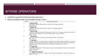 BITWISE OPERATORS
 JavaScript supports the following bitwise operators −
 Assume variable A holds 2 and variable B holds 3, then −
Sr.No. Operator & Description
1 & (Bitwise AND)
It performs a Boolean AND operation on each bit of its integer arguments.
Ex: (A & B) is 2.
2 | (BitWise OR)
It performs a Boolean OR operation on each bit of its integer arguments.
Ex: (A | B) is 3.
3 ^ (Bitwise XOR)
It performs a Boolean exclusive OR operation on each bit of its integer arguments. Exclusive OR
means that either operand one is true or operand two is true, but not both.
Ex: (A ^ B) is 1.
4 ~ (Bitwise Not)
It is a unary operator and operates by reversing all the bits in the operand.
Ex: (~B) is -4.
5 << (Left Shift)
It moves all the bits in its first operand to the left by the number of places specified in the second
operand. New bits are filled with zeros. Shifting a value left by one position is equivalent to
multiplying it by 2, shifting two positions is equivalent to multiplying by 4, and so on.
Ex: (A << 1) is 4.
6 >> (Right Shift)
Binary Right Shift Operator. The left operand’s value is moved right by the number of bits specified
by the right operand.
Ex: (A >> 1) is 1.
7 >>> (Right shift with Zero)
This operator is just like the >> operator, except that the bits shifted in on the left are always zero.
Ex: (A >>> 1) is 1.
 