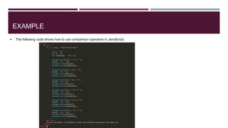 EXAMPLE
 The following code shows how to use comparison operators in JavaScript.
 
