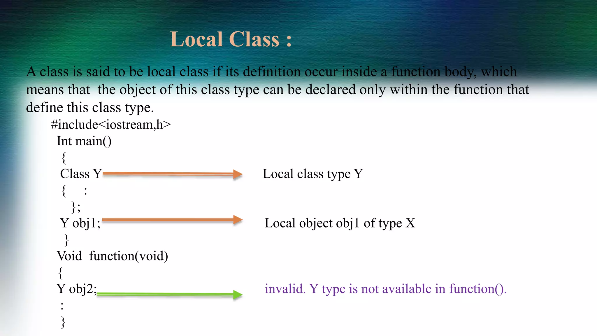 A class is said to be local class if its definition occur inside a function body, which
means that the object of this class type can be declared only within the function that
define this class type.
#include<iostream,h>
Int main()
{
Class Y Local class type Y
{ :
};
Y obj1; Local object obj1 of type X
}
Void function(void)
{
Y obj2; invalid. Y type is not available in function().
:
}
Local Class :
 