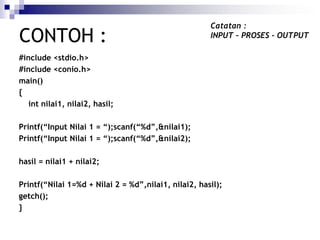 CONTOH :
#include <stdio.h>
#include <conio.h>
main()
{
int nilai1, nilai2, hasil;
Printf(“Input Nilai 1 = “);scanf(“%d”,&nilai1);
Printf(“Input Nilai 1 = “);scanf(“%d”,&nilai2);
hasil = nilai1 + nilai2;
Printf(“Nilai 1=%d + Nilai 2 = %d”,nilai1, nilai2, hasil);
getch();
}
Catatan :
INPUT – PROSES - OUTPUT
 