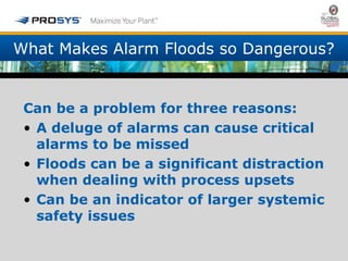 What Makes Alarm Floods so Dangerous? 
Can be a problem for three reasons: 
• A deluge of alarms can cause critical 
alarms to be missed 
• Floods can be a significant distraction 
when dealing with process upsets 
• Can be an indicator of larger systemic 
safety issues 
 