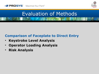Evaluation of Methods 
Comparison of Faceplate to Direct Entry 
• Keystroke Level Analysis 
• Operator Loading Analysis 
• Risk Analysis 
 