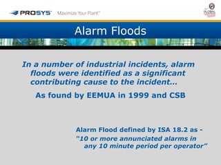 Alarm Floods 
In a number of industrial incidents, alarm 
floods were identified as a significant 
contributing cause to the incident… 
As found by EEMUA in 1999 and CSB 
Alarm Flood defined by ISA 18.2 as - 
“10 or more annunciated alarms in 
any 10 minute period per operator” 
 