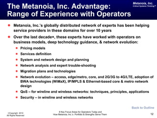 The Metanoia, Inc. Advantage:  Range of Experience with Operators Metanoia, Inc.’s globally distributed network of experts has been helping service providers in these domains for over 10 years Over the last decade+, these experts have worked with operators on business models, deep technology guidance, & network evolution: Pricing models Services definition System and network design and planning Network analysis and expert trouble-shooting Migration plans and technologies Network evolution – access, edge/metro, core, and 2G/3G to 4G/LTE, adoption of BWA technologies (WiMaX), IP/MPLS & Ethernet-based core & metro network design QoS – for wireline and wireless networks: techniques, principles, applications Security – in wireline and wireless networks Back to Outline 